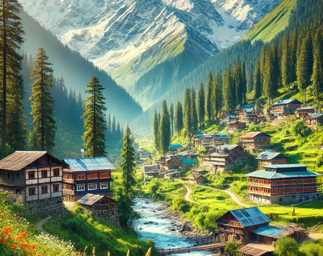 DALL·E 2024-11-11 12.36.38 - A stunning and vibrant square image representing Himachal Pradesh for a tour and travel company. The scene includes the towering snow-capped Himalayan